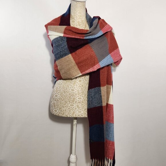Cashmere Feel Italian Design Plaid Pattern Scarf Shawl Wrap Soft Viscose Blend - Picture 5 of 14